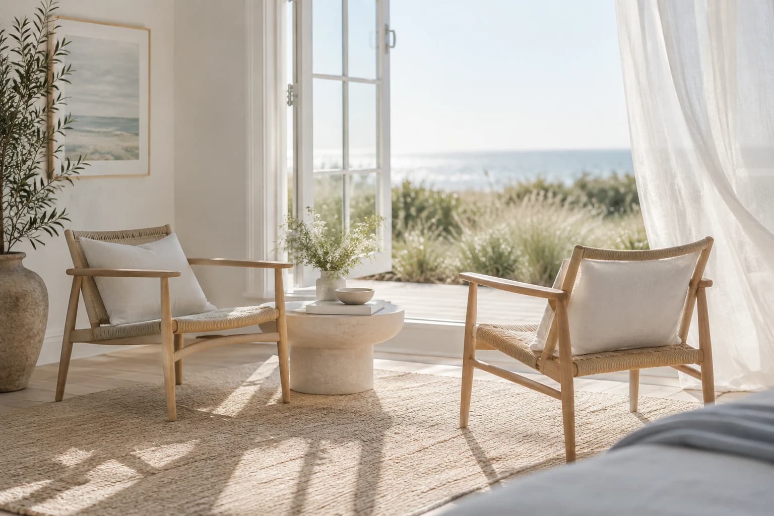 Sunlit chairs beside an open window